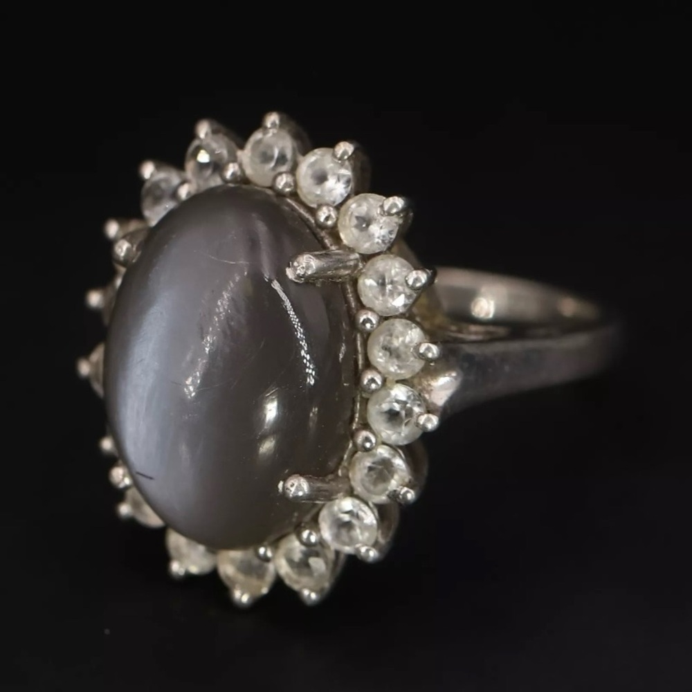 Sterling Silver - Moonstone & White Topaz Halo Cocktail Ring